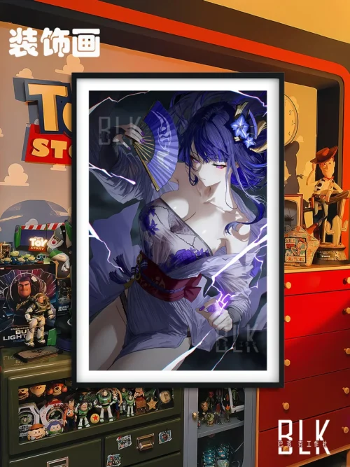 "Elegant Raiden Shogun Genshin Impact painting in Baroque style, showcasing exquisite craftsmanship. The graceful character is depicted with a fan."