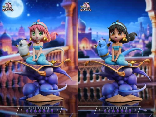 "Anya Aladdin Figure: Exclusive GULUGULU Studio Spy x Family resin statue. Playful Anya Forger on magic carpet with Bond, Arabian Nights."