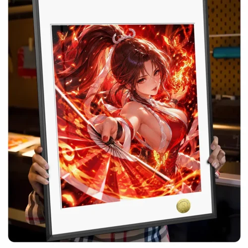 "Detailed gallery views of the premium Mai Shiranui KOF fan art print by Huang Gua Studio, showcasing vibrant colors, dynamic pose."