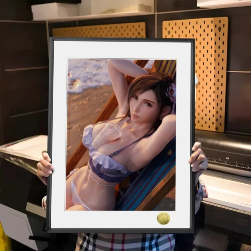 "Limited Edition Final Fantasy VII tifa swimsuit fan art print. Vibrant framed decorative painting of Aerith in a dynamic summer beach pose."