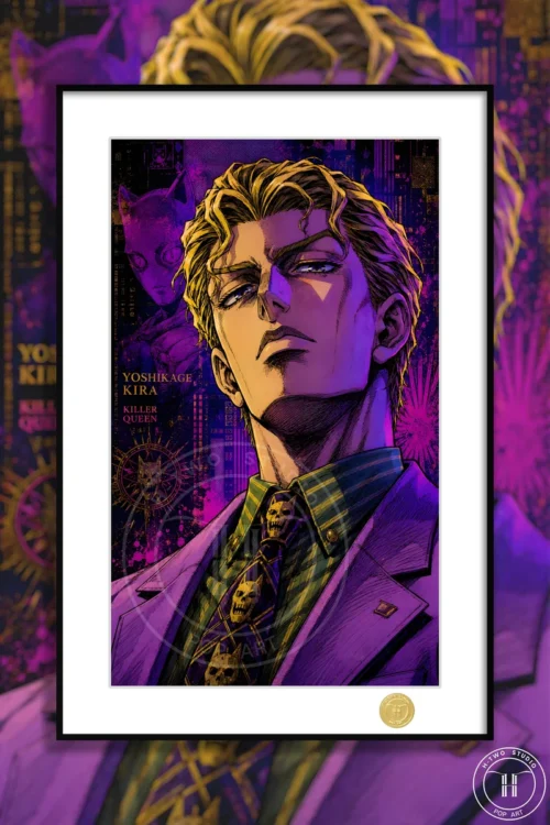 "Premium framed JoJo's Bizarre Adventure art print featuring Yoshikage Kira and Killer Queen, a limited edition collectible decorative painting."