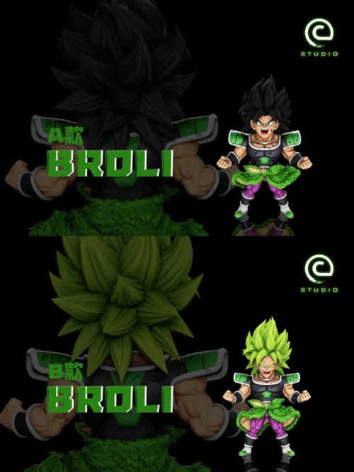 "Premium C-STUDIO Broly Battle Suit Dragon Ball Z statue in a dynamic battle pose, featuring two distinct hair variants for an iconic warrior display."
