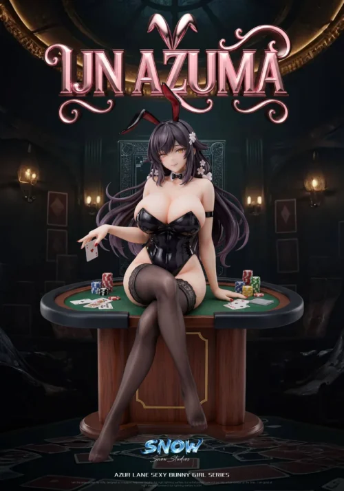 "Premium 1/6 scale Azur Lane Azuma bunny girl figure captured in an exquisite, dynamic pose within a sophisticated casino setting."