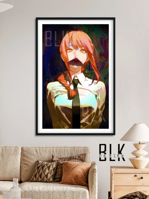 "Detailed views of the Exclusive Moth Makima Baroque Art Print, featuring enigmatic Chainsaw Man Makima with ethereal moth wings in a dark."