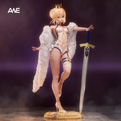 "Limited Edition ANE Studio FGO Saber statue in a dynamic pose, showcasing her casual attire and elegant wind-swept details from multiple angles."