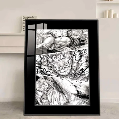 "Dynamic One Piece ASL brotherhood battle framed art print featuring Luffy, Ace, and Sabo in vivid, fade-resistant colors, showcasing their bond."