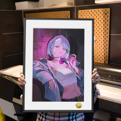 "Exclusive limited-edition Cyberpunk Lucy fan art painting featuring vibrant pink neon mirror effects and an edgy, stylized pose, from Huang Gua Stud."
