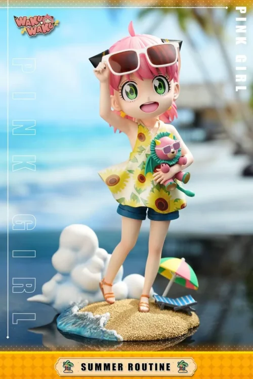 "Anya Forger's vibrant summer beach day resin statue, an exclusive Spy x Family collectible figure from WAKUWAKU Studio, perfectly captures her playful."