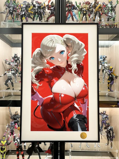 Multiple views of the premium Ann Takamaki Red Dress Limited Edition Persona 5 Art Print, showcasing vibrant details on a cosmic backdrop.