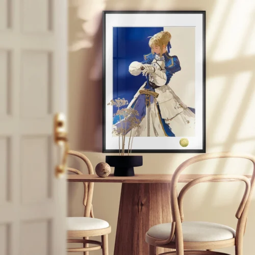 "Exclusive Fate Saber decorative painting gallery, showcasing dynamic anime art of Saber in heroic poses, with detailed close-ups of artistic elements."