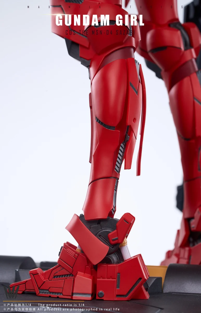 "1/4 Sazabi Mecha Girl JN5.0 Gundam statue close-up, revealing intricate futuristic details, dynamic pose, and glowing UV-reactive decals."