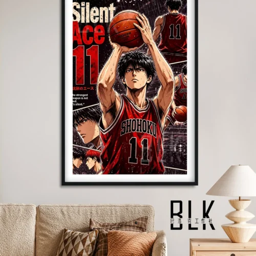 "An angled detail shot of the premium Slam Dunk Rukawa Kaede decorative painting, showcasing its dynamic pose, elegant Baroque-inspired aesthetic."