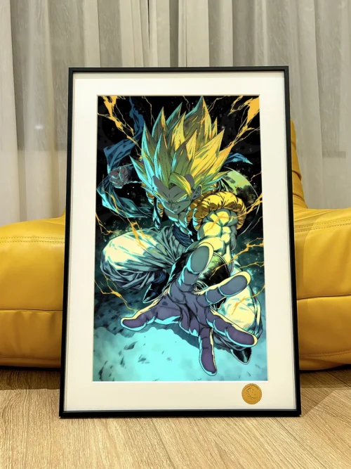 "Dynamic Super Saiyan Gotenks in a vibrant cosmic battle scene. This premium, limited edition Dragon Ball Z decorative painting is hand-numbered."