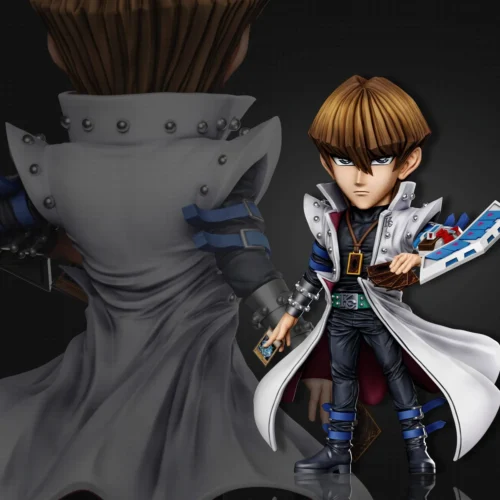 "Premium Seto Kaiba Yu-Gi-Oh! figure, dynamically posed wielding cards. Detailed sculptural views from various angles highlight its quality."