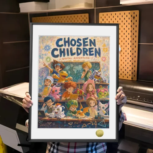 "Exclusive Digimon Chosen Children Graduation decorative painting showcasing iconic characters celebrating. A nostalgic, premium fan art home decor."