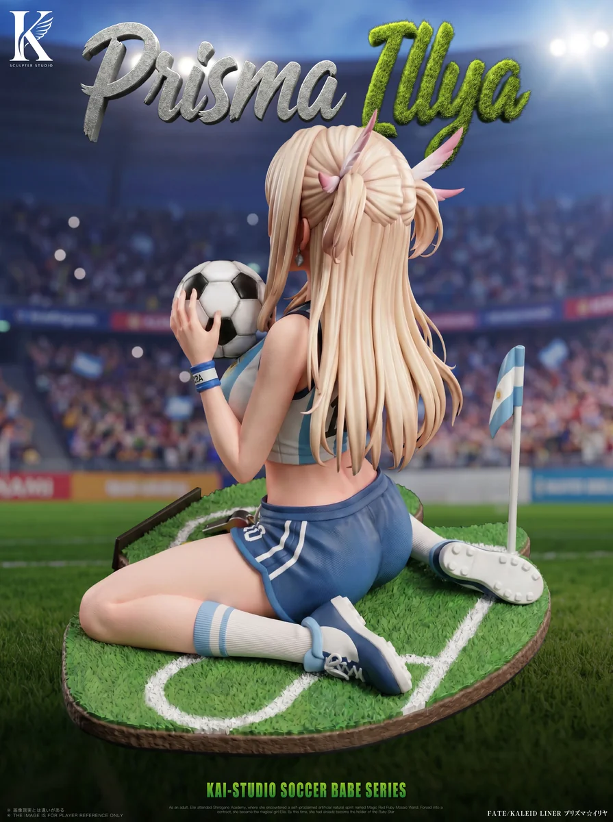 "Playful 1/6 Illya Soccer Babe statue in dynamic uniform, showcasing detailed sculpt and the intricate stadium base."