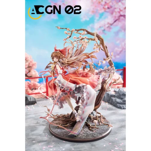 "Dynamic 1/7 Hakurei Reimu Touhou Project limited edition hand-painted resin figure, enveloped in a sakura blizzard, radiating spiritual energy."