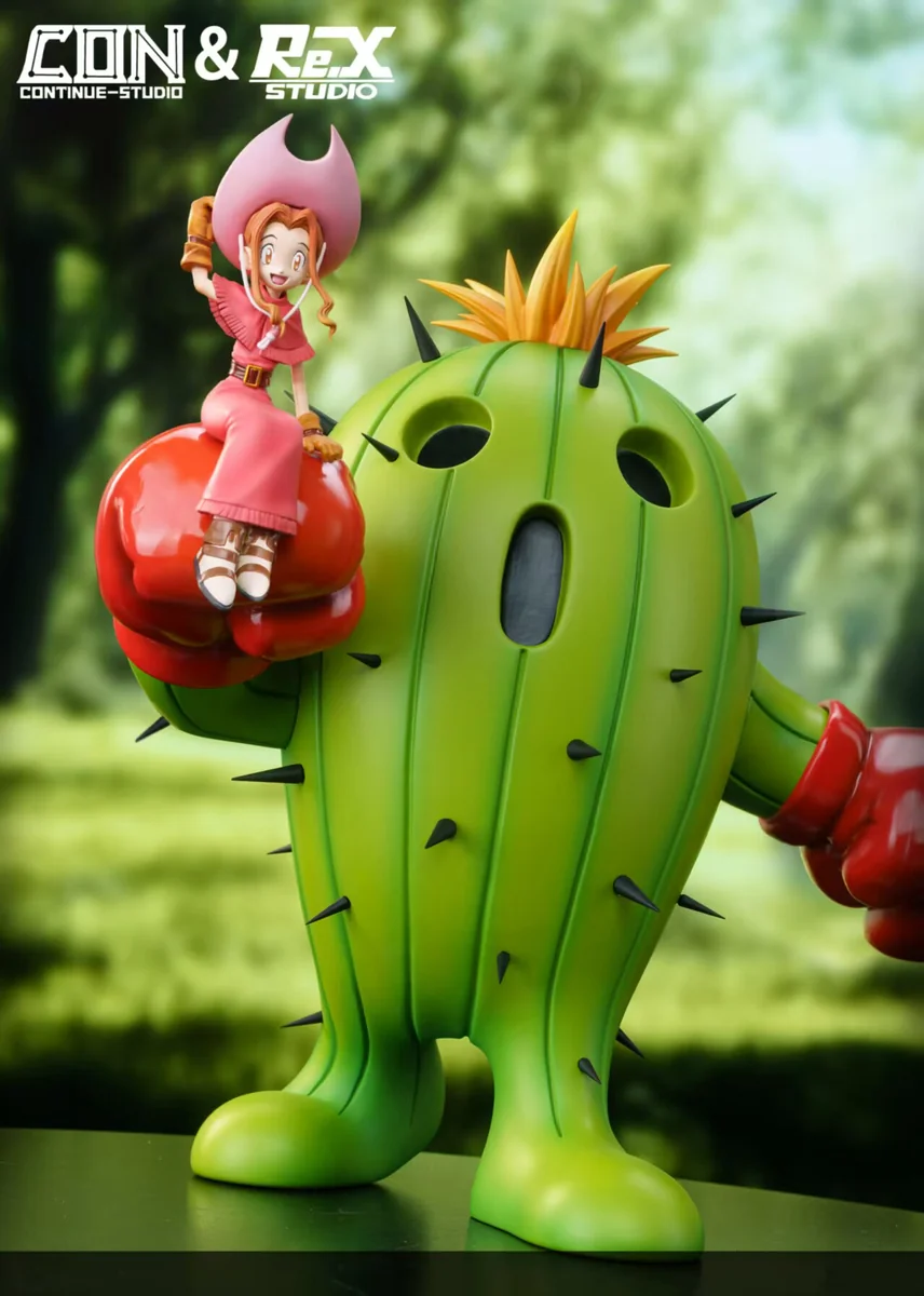 "Premium Digimon Mimi Tachikawa riding Cactusmon resin statue. Exclusive craftsmanship, dynamic, vibrant detail from multiple angles."