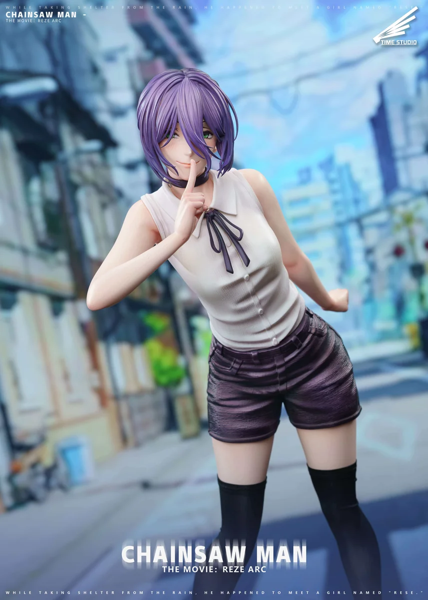 "Dynamic 1/4 Reze Chainsaw Man Time Studio statue, featuring her explosive pose, intricate sculpting details, and premium dual heads."