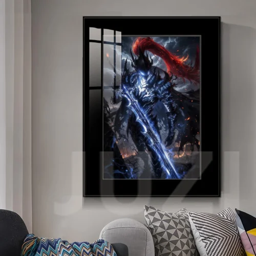"A detailed gallery view of the premium HD framed Solo Leveling Igris Blue Armor Sword painting, capturing its vibrant colors and intricate artistic."