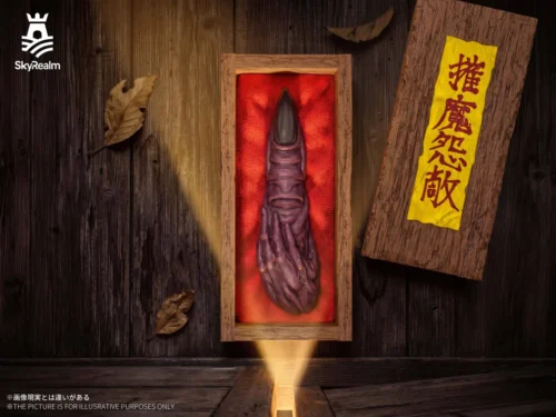 "Main image of the authentic 1:1 Sukuna's Finger Replica, a highly detailed, gritty cursed artifact from Jujutsu Kaisen by SkyRealm Studio."