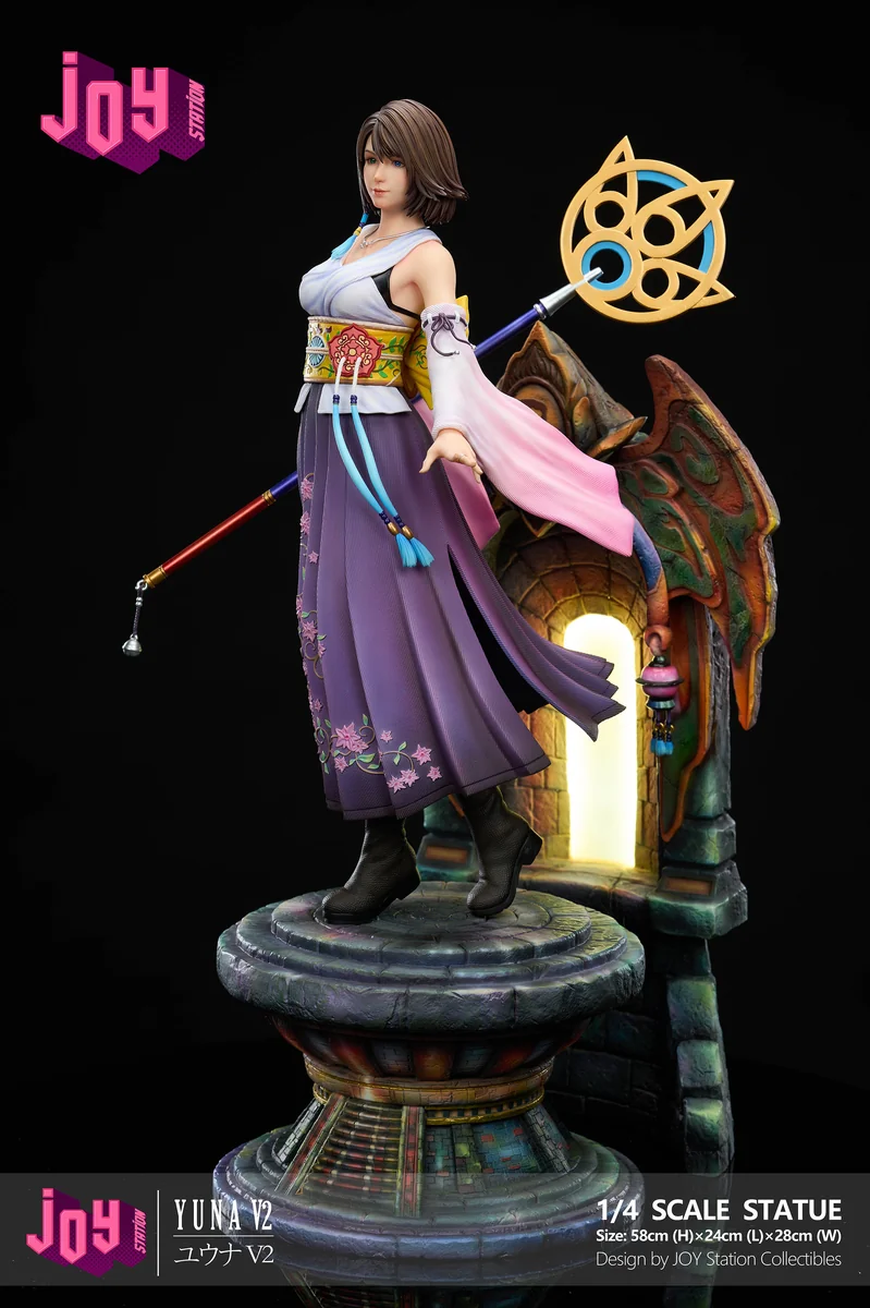 "Stunning 1:4 & 1:3 FFX Yuna 2.0 statue. Multiple angles reveal her dynamic summoner pose, ethereal water, and spiritual effects."