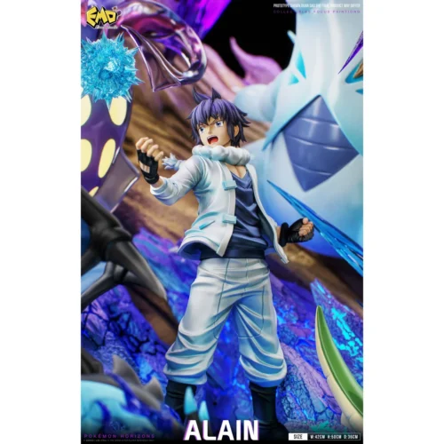 "Alain Charizard LED Pokémon statue details: dynamic lighting, impressive scale, and the epic Mega Charizard X & Tyranitar battle diorama."
