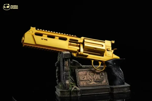 "Life-size Golden Requiem Revolver & Tactical Axe prop replicas from Resident Evil, detailed distressed gold finish from various angles."