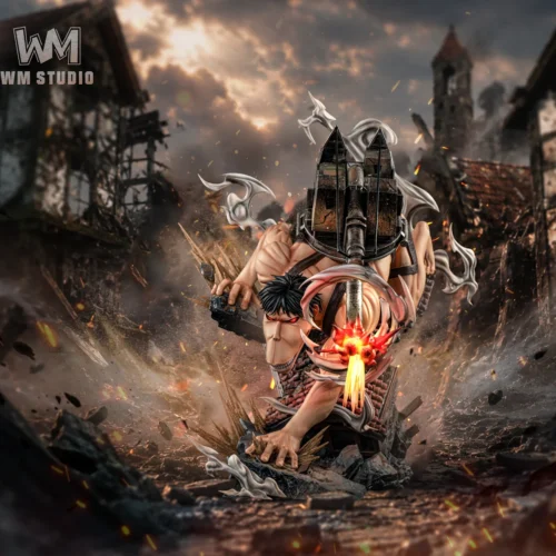 "Detailed view of the dynamic WM Studio Attack on Titan Cart Titan LED statue, showcasing its menacing form, intricate sculpting, and impressive light."