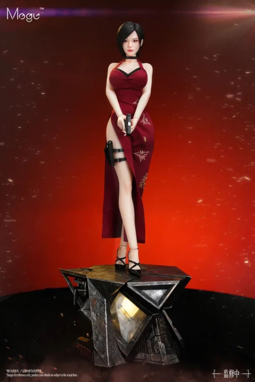 "Premium 1/4 scale Ada Wong Resident Evil statue, featuring seamless silicone articulation, hyper-realistic details, dynamic pose, and glowing LED base."