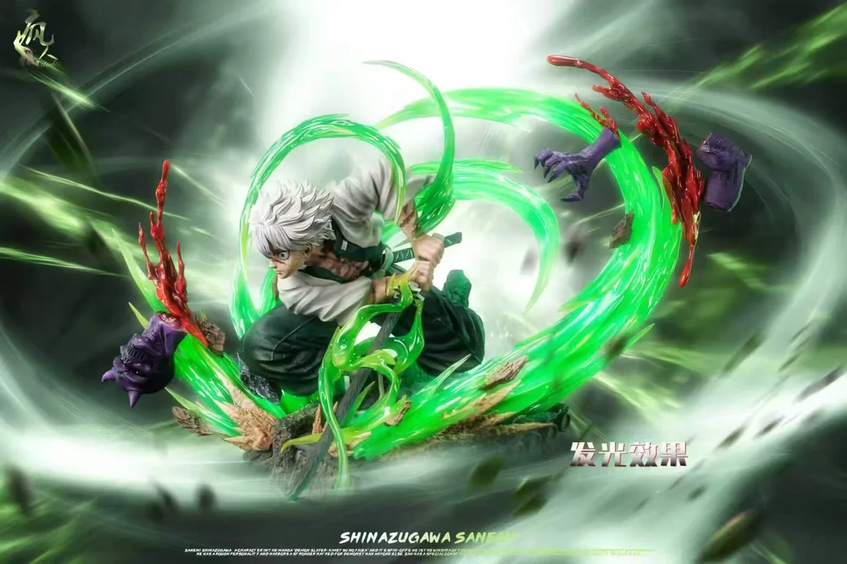 "Limited edition 1/6 Sanemi Shinazugawa Demon Slayer figure. Dynamic pose, intricate sculpt, and LED light-up wind effects shown from all angles."