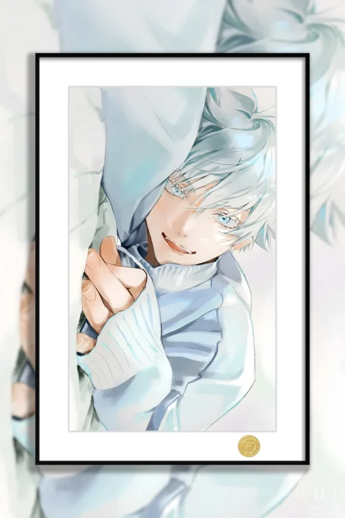 "Elegant, limited edition Satoru Gojo art print from Jujutsu Kaisen, beautifully stylized and presented in a modern frame by H-TWO Studio."