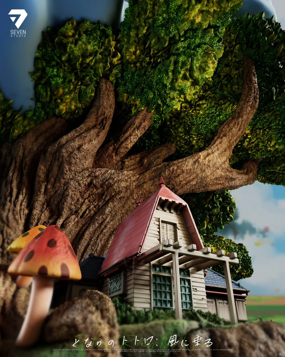 "Limited Edition Illuminated Totoro Whimsical Flight Diorama. Features Catbus, flying Totoros, and glowing house from detailed angles."