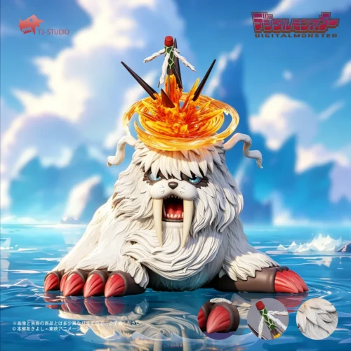 "Dynamic T1 Studio Digimon Ikkakumon Harpoon Vulcan resin statue, capturing its powerful attack with stunning water effects."