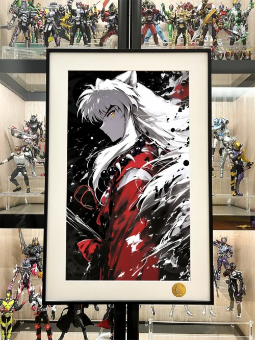 "Limited Edition Celestial Ink Wash Inuyasha decorative art print, showcasing its unique ink style, premium frame, and stunning starry night backdrop."