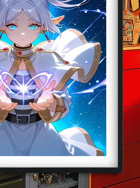 "Detailed view of the premium Frieren wall art, highlighting its vibrant Epson HD print, elegant aluminum frame, and ethereal Frieren character."