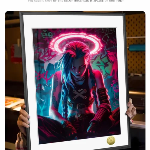 "Dynamic Arcane Jinx fan art painting, vibrant and explosive, capturing her chaotic essence. Showcasing intricate artistic details from different."