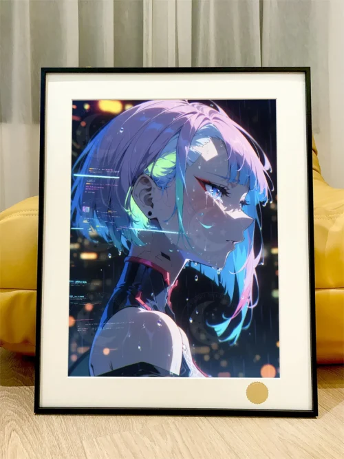 "Premium, Limited Edition Cyberpunk Edgerunners Lucy's Tears print by Xingkong Studio. Poignant Lucy in a vibrant cosmic cyberpunk setting."