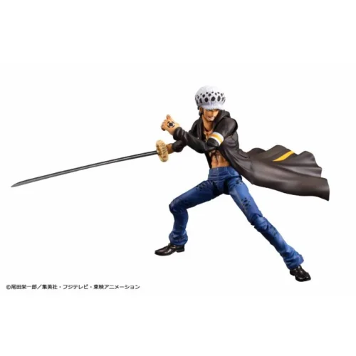 "Dynamic Trafalgar Law Post-Timeskip figure by MegaHouse, showcasing his highly articulated design and detailed iconic attire in an action pose."