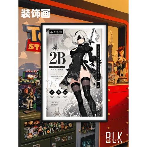 "Main image of a premium Baroque-style Nier: Automata 2B decorative painting, beautifully framed, capturing the character's dramatic essence in fine."