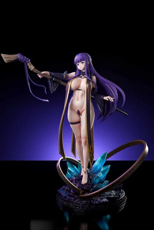 "Captivating 1/6 scale Fern Frieren resin statue, an ultra-limited exclusive collectible. Showcases the elegant mage in a dynamic pose with flowing."