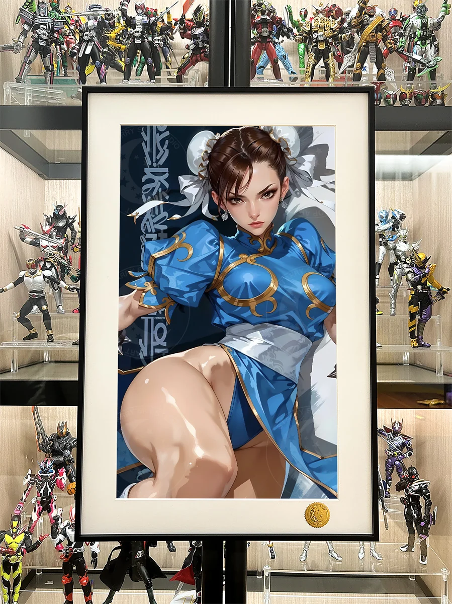 "Premium limited edition Chun-Li Art Print. Features vibrant dynamic pose, cosmic background, highlighting artistic details from multiple angles."