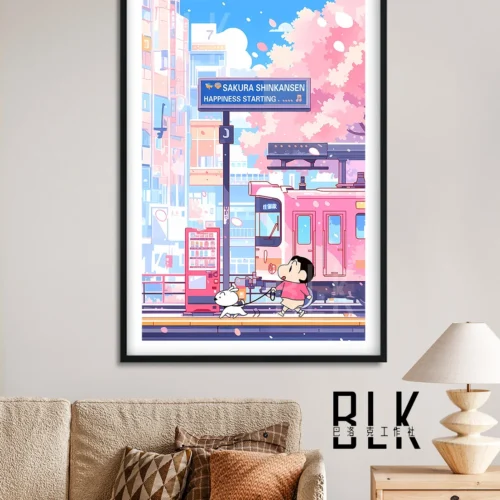 "Baroque Crayon Shin-chan 'Tram' art. Playful character in ornate classical frame. Intricate artistic details from various angles of unique wall art."