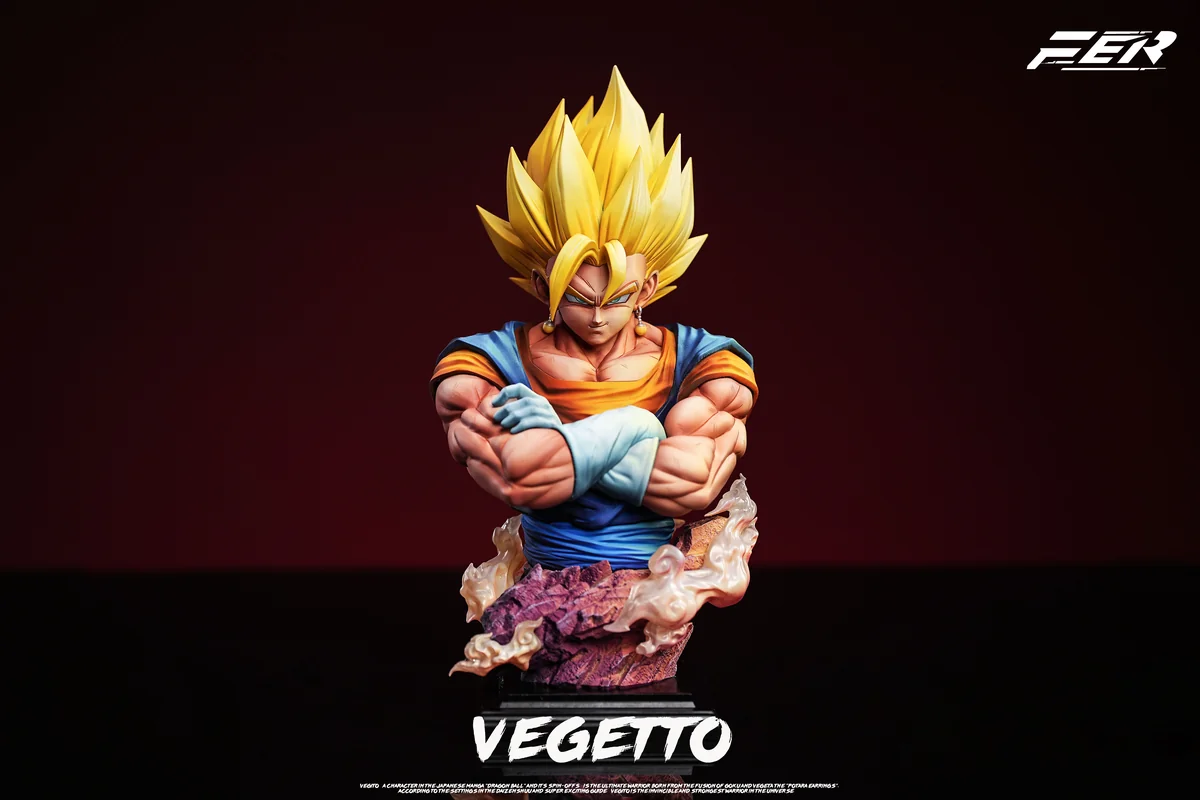 "Close-up views of the 1/5 Vegetto Bust Statue by Fer Studio, showcasing exquisite detail and both Super Saiyan forms from various dynamic angles."