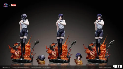"Dynamic Reze LED Chainsaw Man statue. Explosive action, intricate details, and vibrant LED lighting from various angles."