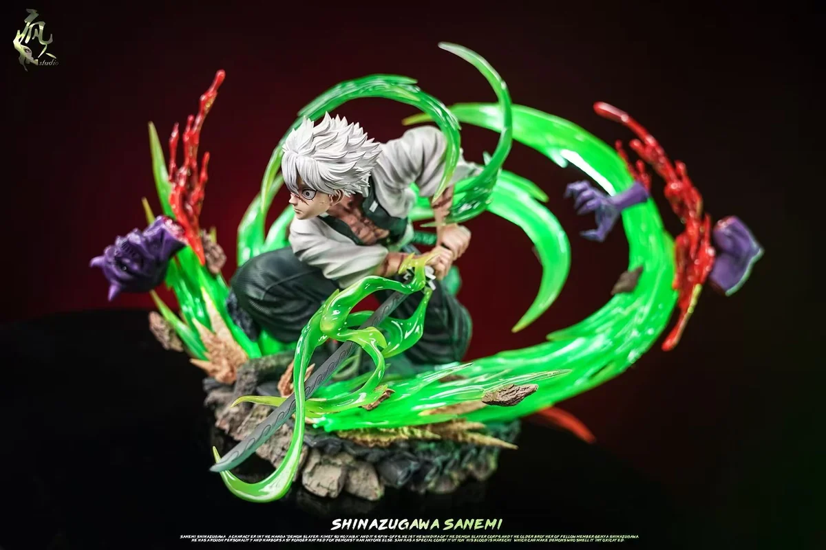 "Multiple angles of the premium 1/6 Sanemi Shinazugawa Demon Slayer resin statue, showcasing intricate sculpted details and vibrant LED wind effects."