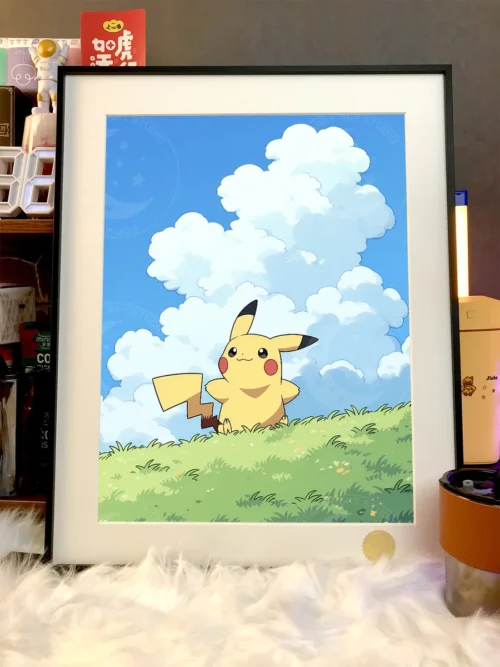 "Gallery views of the limited edition Pikachu Under Starry Sky Grassland art print, showcasing its hand-numbered details and premium cosmic framed."