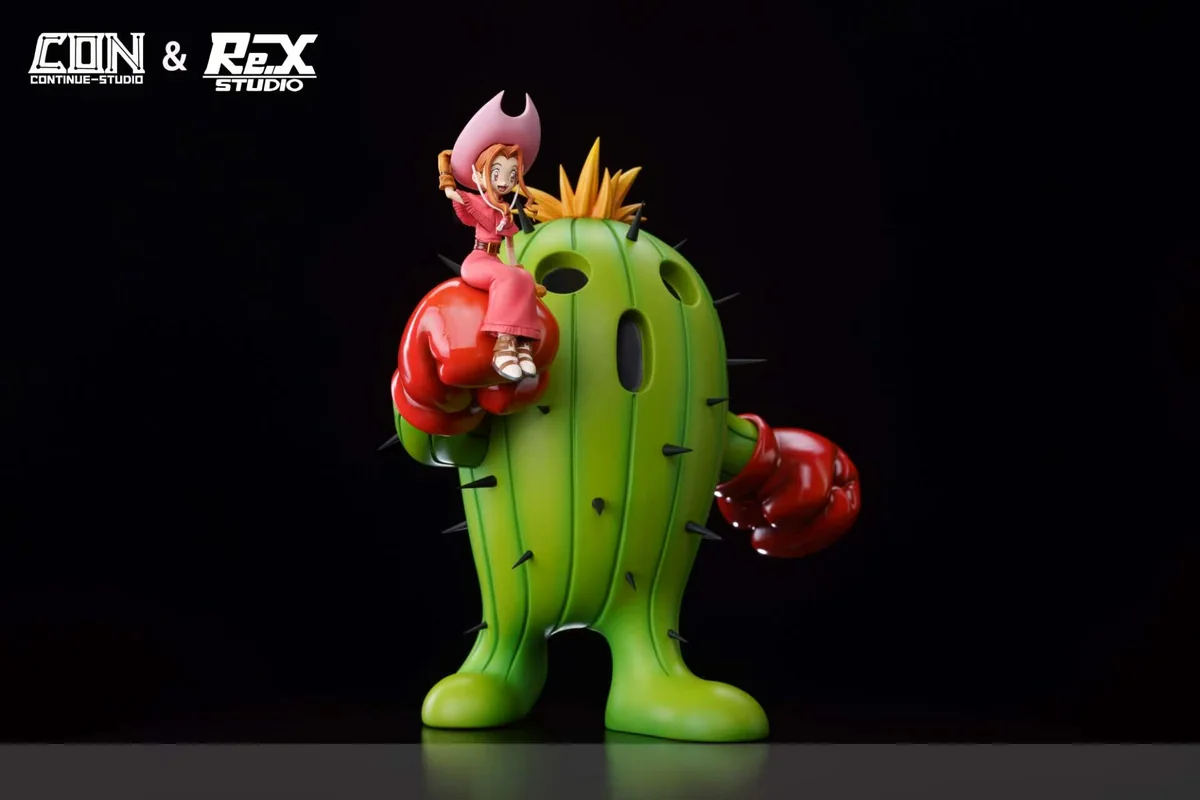 "Exquisite MH Scale Digimon Mimi Tachikawa and Cactusmon resin statue from various angles. Observe the premium craftsmanship, dynamic classic scene."