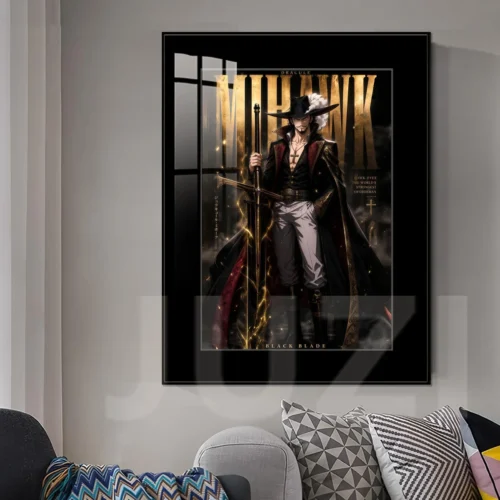 "Premium UV HD print detail of the Dracule Mihawk One Piece decorative painting, featuring vibrant colors and the sleek alloy frame. Iconic art by JUZ