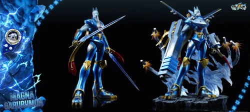 "Epic MetalGarurumon Digimon Frontier resin statue with integrated LEDs, showcasing a dynamic, battle-ready sculpt and intricate details for a command."